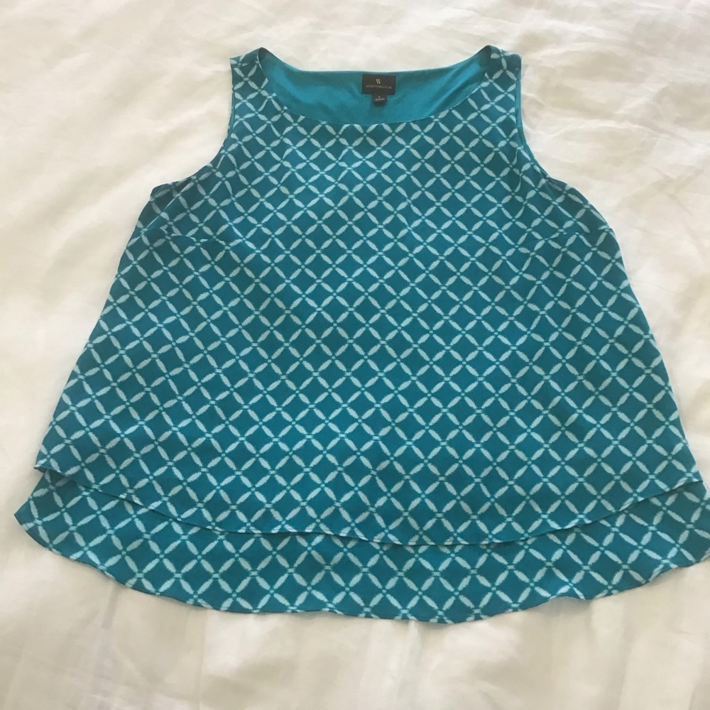 Worthington Teal Blue Green & White Trellis Print Double Layer Tank Top, Size L